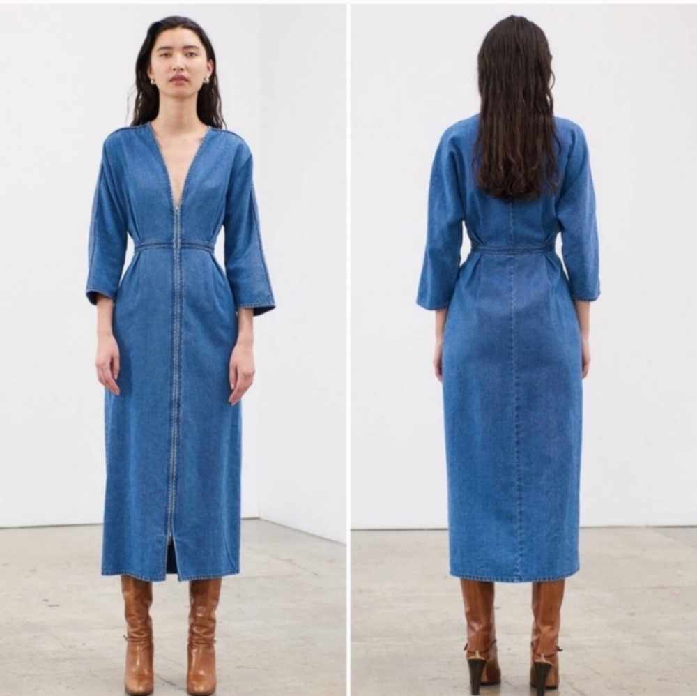 Mara Hoffman Blue Hemp Organic Cotton Denim Midi Dress Made in USA Minimalist